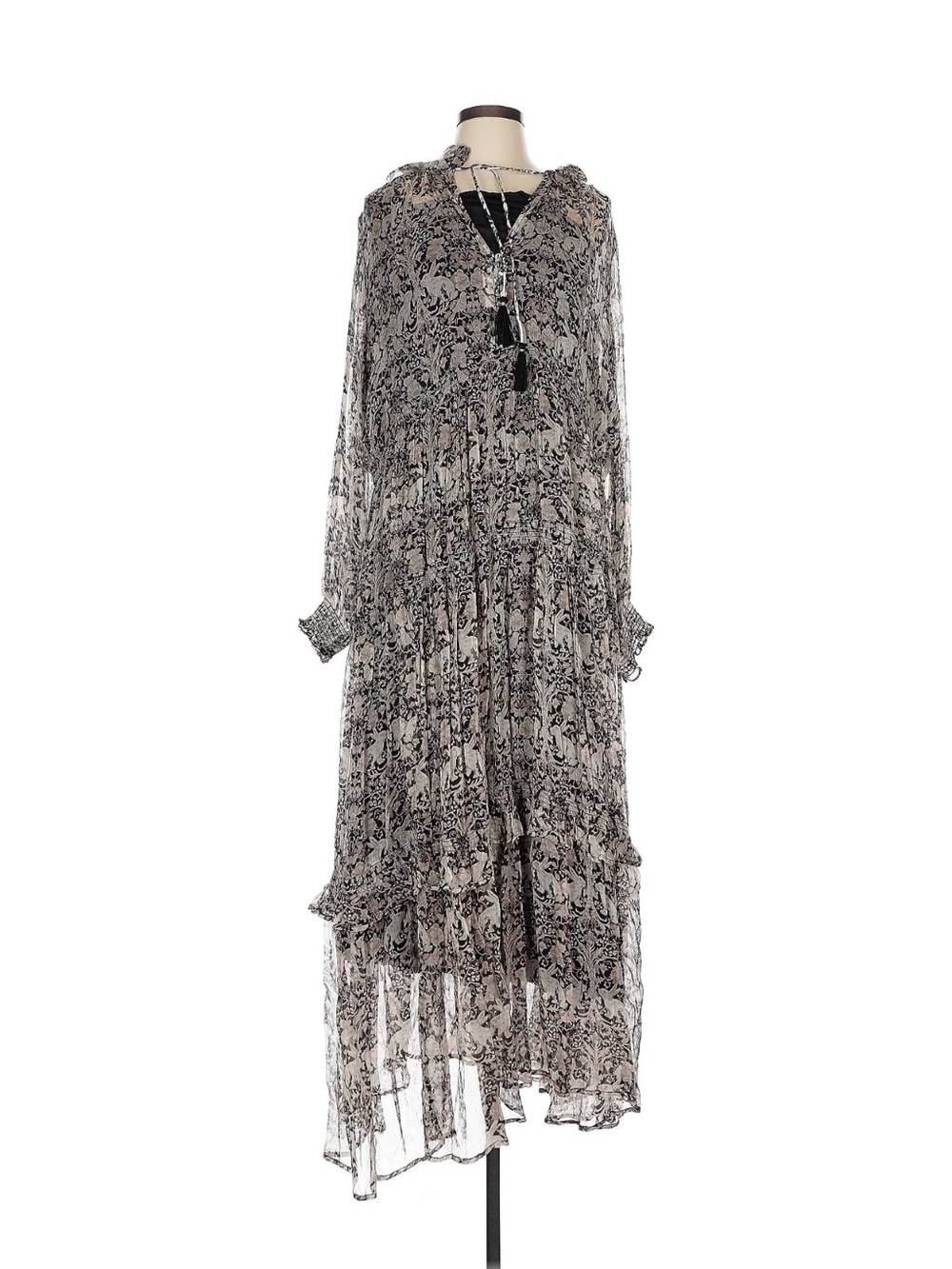 Anthropologie Black and White Printed Tiered Maxi Dress with Tassel Tie L